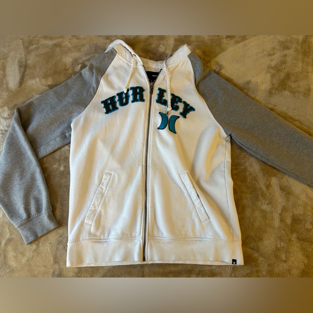 2009 Hurley White and Gray Zip-Up Hoodie w/ thumb holes